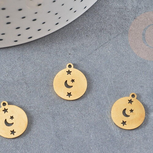 Pendentif rond lune et étoiles acier doré 15.5mm, breloque doré, acier inoxydable doré, pendentif sans nickel, x1 g6145