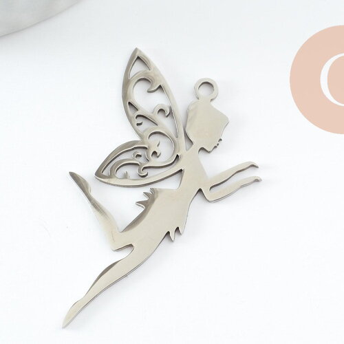 Pendentif fée clochette d'ange acier 201 inoxydable argenté 41mm, x1 (g9803)