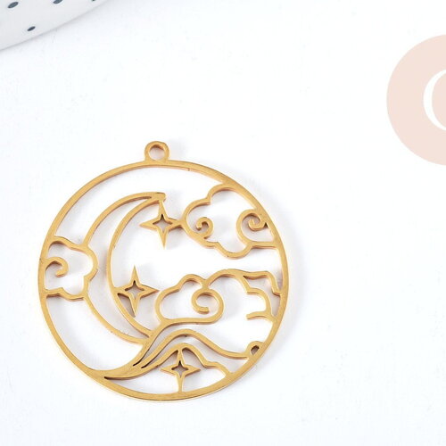 Pendentif rond lune nuage acier 201 doré inoxydable 32.5mm, x1 (g8815)