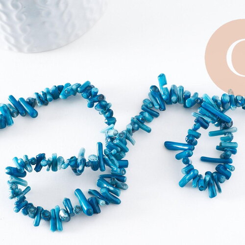 Perles branche en corail naturel bleu teinté 3-12mm,perle coquillage, x1 fil 38cm (g0992)
