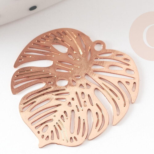 Pendentif estampe filigrane feuille monsterosa laiton or rose, pendentif très fin et léger, 18x 18mm, x2 g3695