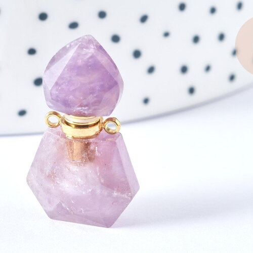 Pendentif bouteille parfum améthyste naturelle acier 304 inoxydable doré 27.5mm, x1 (g3928)