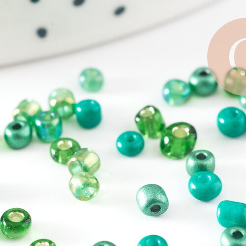 Mélange perles rocaille camaïeu verts ,fournitures pour bijoux, perles rocaille vert transparent, x 10gr (g9511)