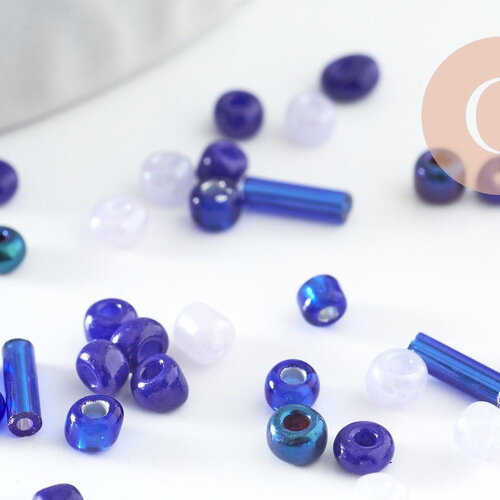 Mélange perles rocaille camaïeu bleu, perles pour création bijoux x 10gr (g9509)