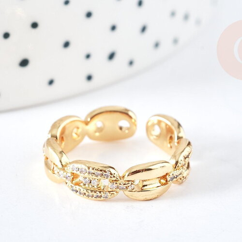 Bague réglable laiton doré 18k grain de café zircon 17mm, x1 (g4572)