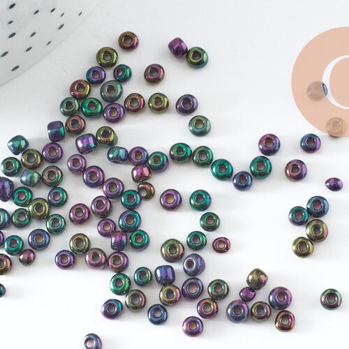 Grosses perles rocaille noires irisées 4mm,perles rocaille arc-en-ciel, x 10 gr (g2899)