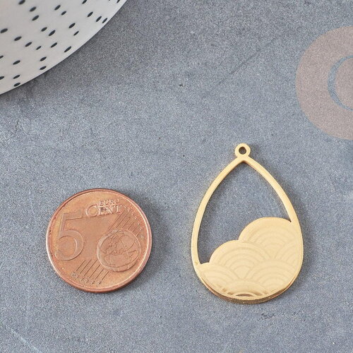 Pendentif acier doré goutte de pluie gravée 30mm, breloque doré, acier inoxydable doré, pendentif sans nickel, x1 g6244
