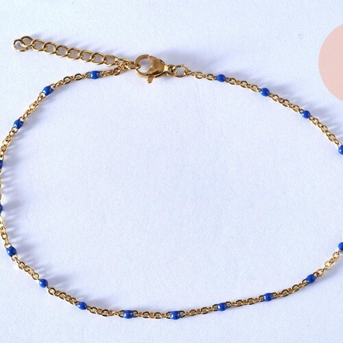 Chaine de cheville acier doré 14k résine bleu foncé chaine doree, bracelet chaîne fine,1.5-2mm,23cm, x1 g5405
