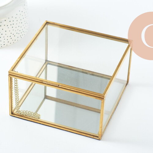 Boite à bijoux verre carré métal doré rectangle 13.1cm, x1 (g9766)