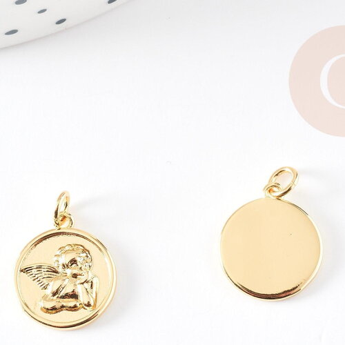 Pendentif médaille ronde ange laiton doré 18k 16mm, x1 (g6712)