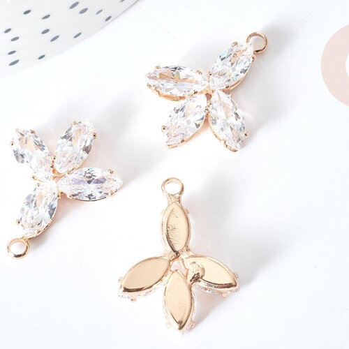 Pendentif fleur zircons laiton doré 24mm, pendentif cristal création bijoux, x1 g8085