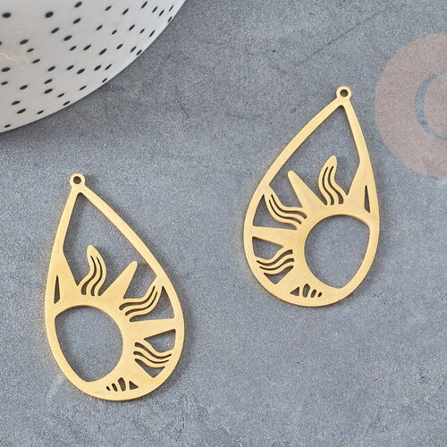 Pendentif goutte soleil acier 201 inoxydable dore 45mm ,breloque acier inoxydable doré, x1 g5689