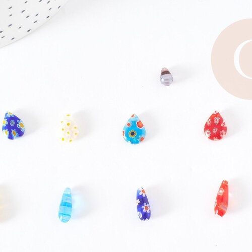 Perles goutte verre millefiori 10-17mm, perle verre artisanale verre pour création bijoux, x5 (g1943)