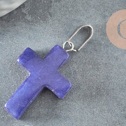 Pendentif croix jade naturel bleu acier inoxydable 29mm,pendentif pierre, support argent, x1 g0499