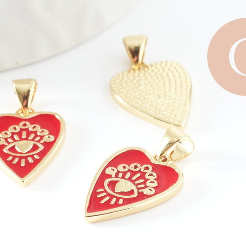 Pendentif médaille coeur émail rouge laiton doré 18k , pendentif laiton amour pour création bijoux,18.5mm, x1 (g5317)