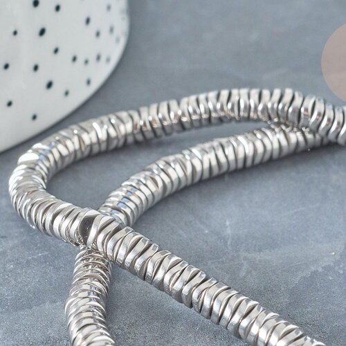Perle ondulée hématite synthétique non aimantée argentée 6~6.5mm, x1 fil de 40cm (g8324)