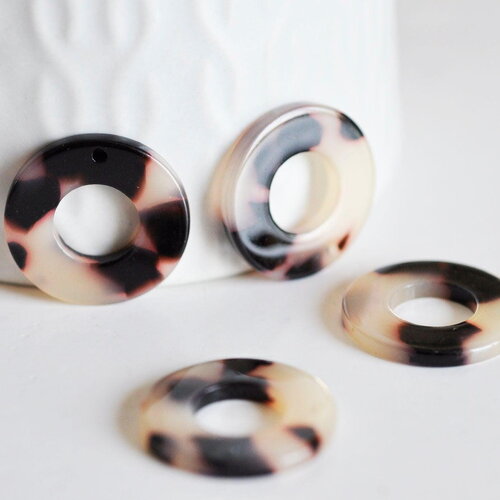Pendentif cercle beige acétate,perle acétate,connecteur plastique,21.5mm, x2 g2704