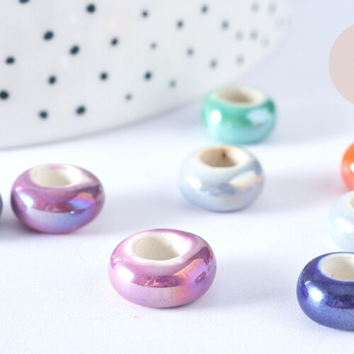 Perles porcelaine rondelle couleur mixte12-13mm, perle céramique création bijoux, x10 g7165