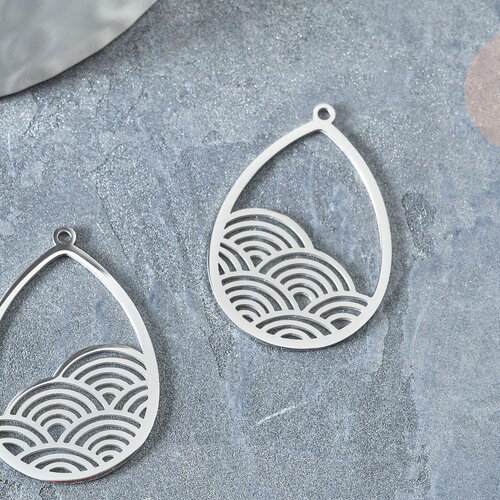 Pendentif acier argenté goutte de pluie 30mm, bijoux acier inoxydable sans nickel, x1 g7612