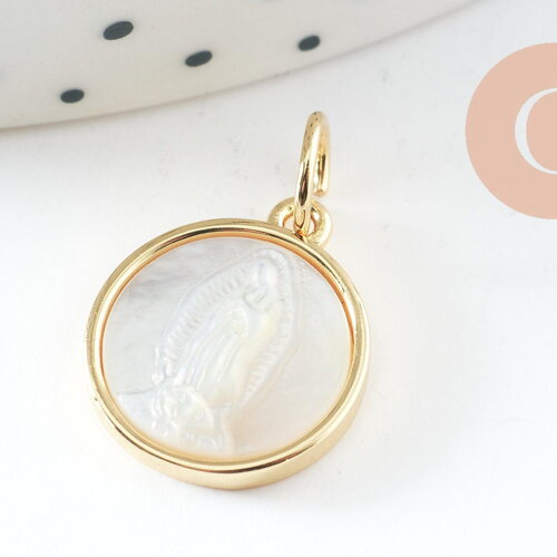 Pendentif médaille ronde vierge nacre naturelle laiton doré 16mm, x1 (g10045)