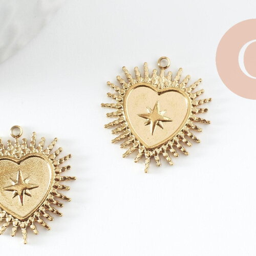 Pendentif coeur ex-voto acier 304 inoxydable doré 14k 14.5mm, x1 (g9580)