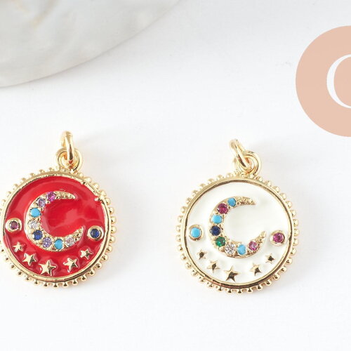 Pendentif lune émail zircon coloré laiton doré 18k 16.5mm, x1 (g3376)