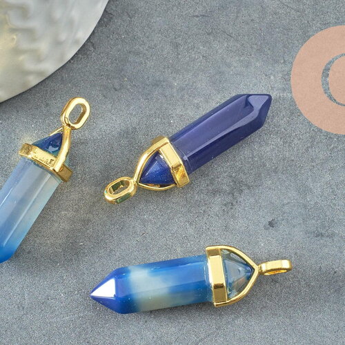 Pendentif pointe agate naturelle teintée bleue zamac doré 40mm, création bijoux pierre naturelle, x1 g3399