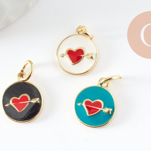 Pendentif médaille ronde coeur oeil émail rouge laiton doré ,pendentif laiton amour 14mm, x1 (g4292)