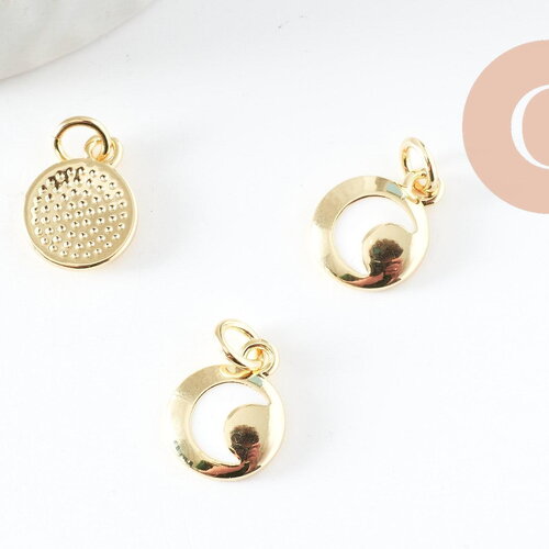 Pendentif rond doré lune étoiles émail blanc 12.5mm, x1 (g4736)
