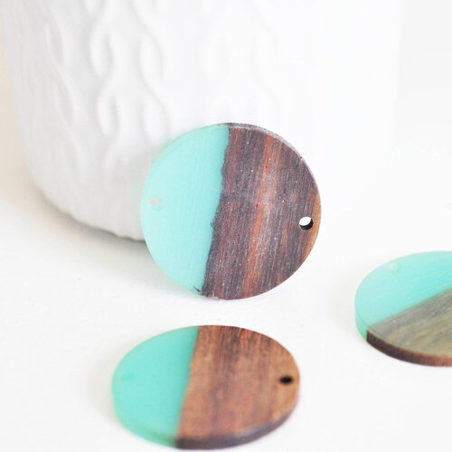 Perle disque bois résine turquoise 28mm, création bijoux bois x5 g7518