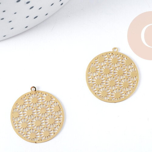 Pendentif estampe filigrane soleil géométrique acier 201 doré 18k inoxydable 22mm, x1 g8935