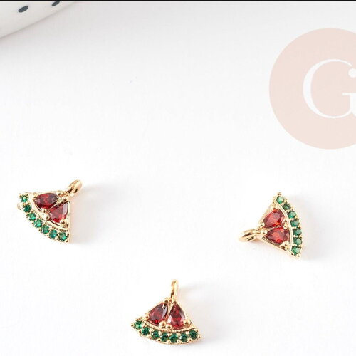 Pendentif pastèque laiton doré zircons rouge vert 8mm, pendentif fruits pour création bijoux fantaisie, x1 g9171