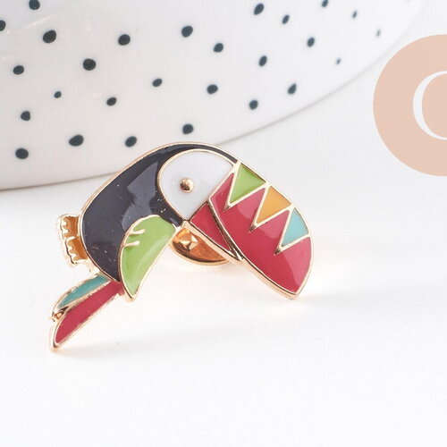 Broche pins oiseau toucan doré émail multicolore 31x22mm,broche dorée, décoration veste, x1 (g5954)