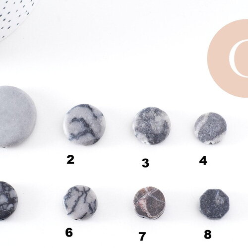 Perles disque jaspe naturel gris marbré 11-26mm, x5 (g10147)