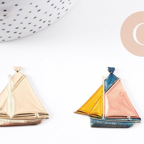 Pendentif bateau laiton brut 36mm, fourniture bijoux fantaisie thème marin, x2 (g10148)
