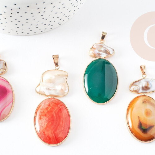 Pendentif ovale agate naturelle colorée et perle nacre 62-63mm, x1 (g2038)