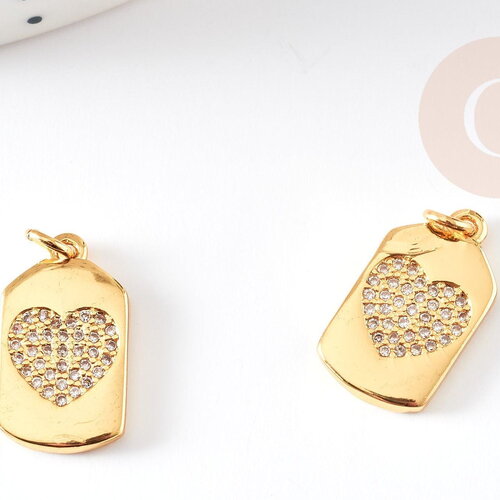 Pendentif médaille rectangle coeur laiton doré 18k cristal sans nickel,création bijoux,pendentif amour, 17x10mm, x1 g3479