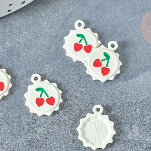 Pendentif soleil cerise rond zamac émail blanc 18mm, création bijoux fruit, x1 (g8041)