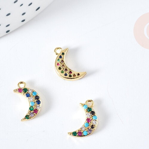 Pendentif lune doré cristal zircons multicolores 13.5mm, pendentif laiton doré amour création bijoux, x1 g8516