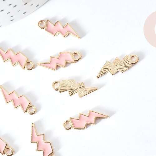 Pendentif éclair doré émaillé rose clair zamac doré 20mm,pendentif doré création bijoux,x 5 g8091