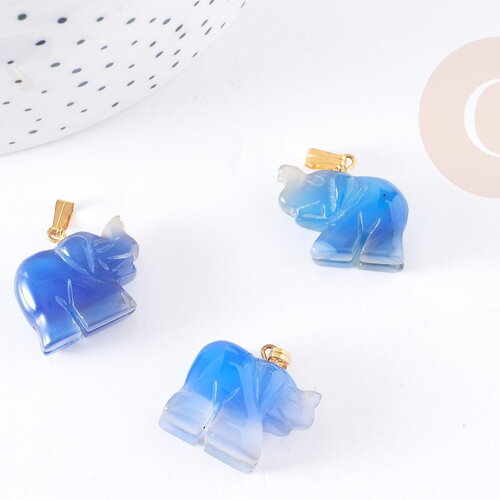 Pendentif éléphant agate bleue support doré, pendentif pierre agate naturelle bleue, pierre naturelle, 18.5mm, x1 g3903