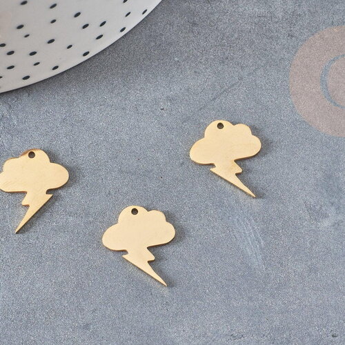 Pendentif nuage éclair acier doré inoxydable, création bijou doré, 19mm, x1 g4007