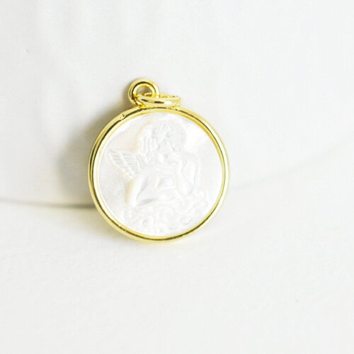 Pendentif médaille ronde ange laiton doré nacre 18.3mm, pendentif nacre et laiton doré pour création bijoux, x1 (g5526)