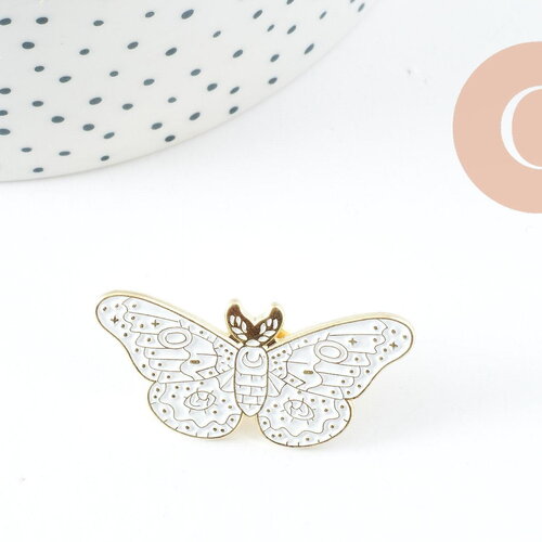 Broche pins papillon blanc mystique zamac doré 39mm, x1 (g9743)