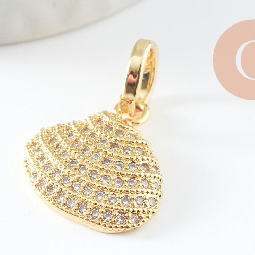 Pendentif coquillage zircons blancs laiton doré 20mm, x1 (g9829)