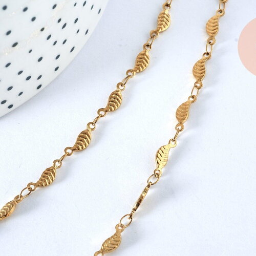Chaine complète acier dorée 14k feuille,chaine collier,sans nickel,acier doré, chaine complète,44.5m, x1 g0631