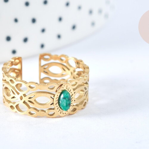 Bague réglable dentelle pierre de synthèse acier doré taille 54, x1 (g7008)