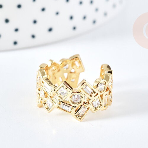 Bague réglable laiton doré géométrique zircon 18.5mm, x1 (g8349)