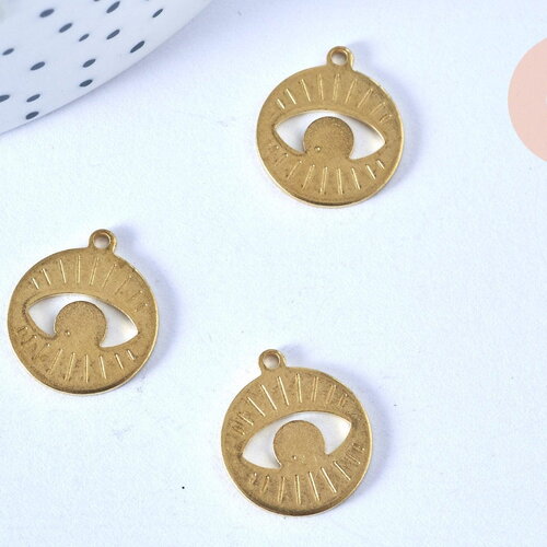Pendentif rond oeil laiton brut 17mm, x2 (g6857)