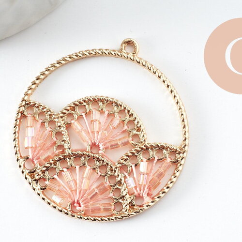 Pendentif rond zamac doré tissé rocaille rose dentelle 37.5mm, x2 (g4131)
